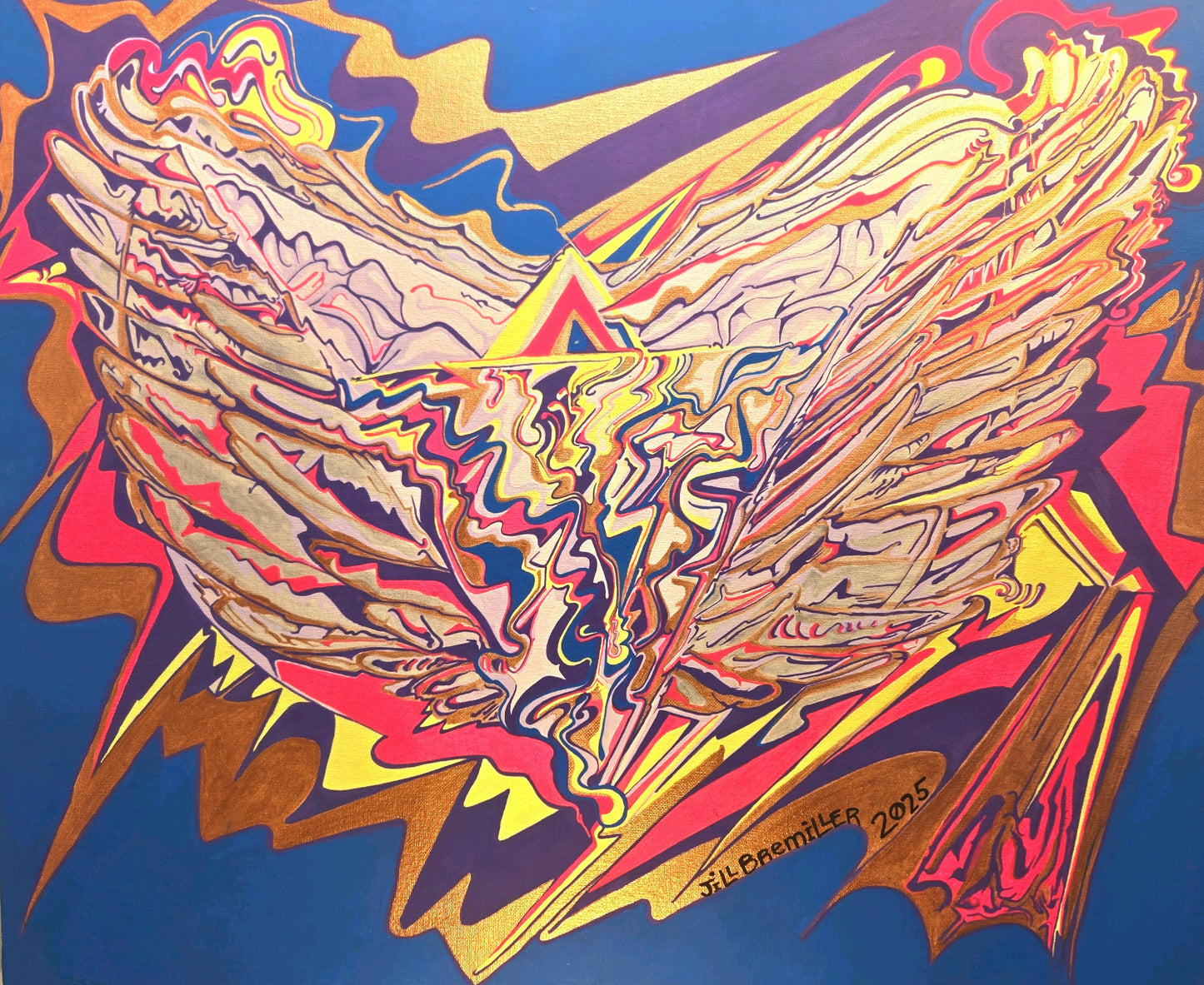 Abstract artwork with colorful wings on a blue background